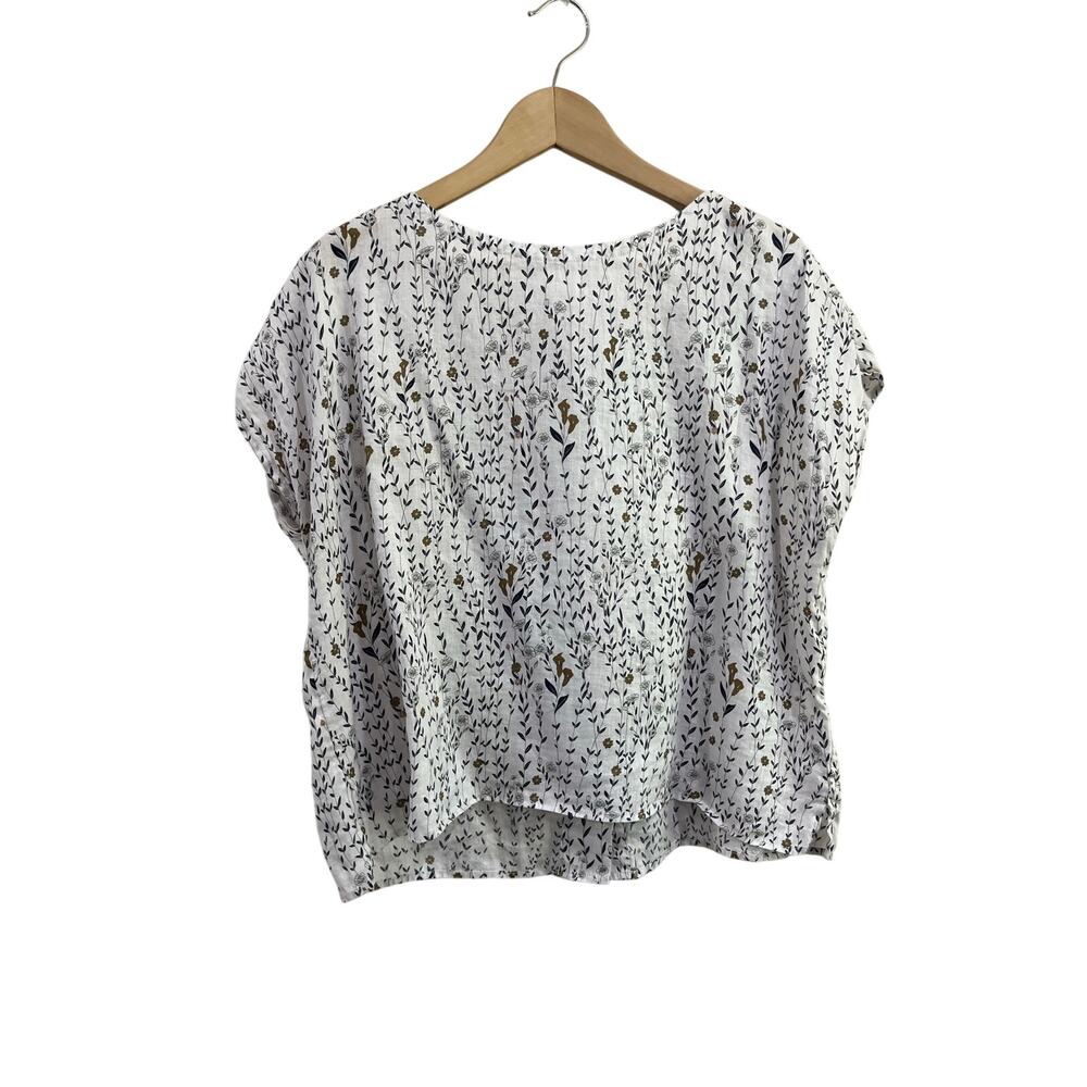 Cynthia Rowley White Floral 100% Linen Relaxed Boxy Blouse Top Medium
